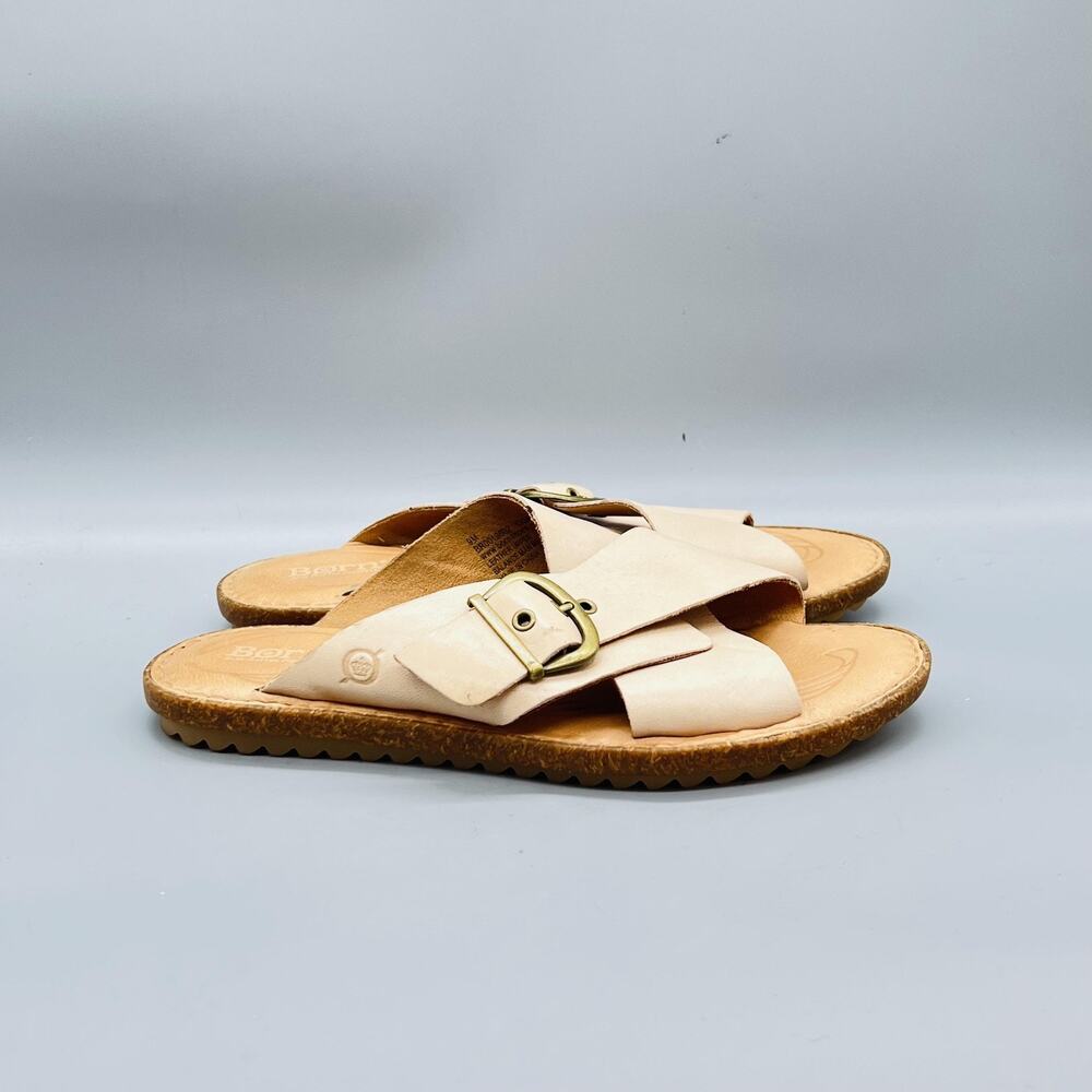 Born Sandals Womens 9 Beige Leather Crisscross Strap Slide Buckle Comfort Shoes